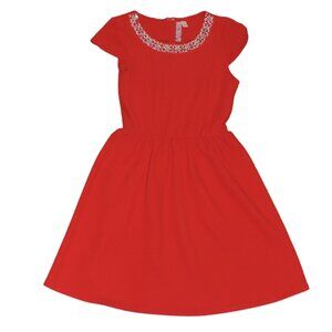 Red Fit & Flare Dress with Embellished Neckline – Short Sleeve